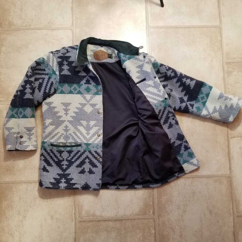 ✅VTG Woolrich Chore Jacket Women's LARGE Blue/Grey Aztec Southwest Wool✅STAINING - Picture 7 of 16